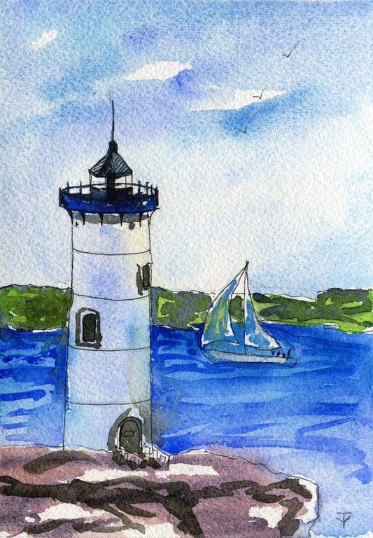 WATERCOLOR painting ORIGINAL art Portsmouth Harbor Lighthouse ocean boat artwork