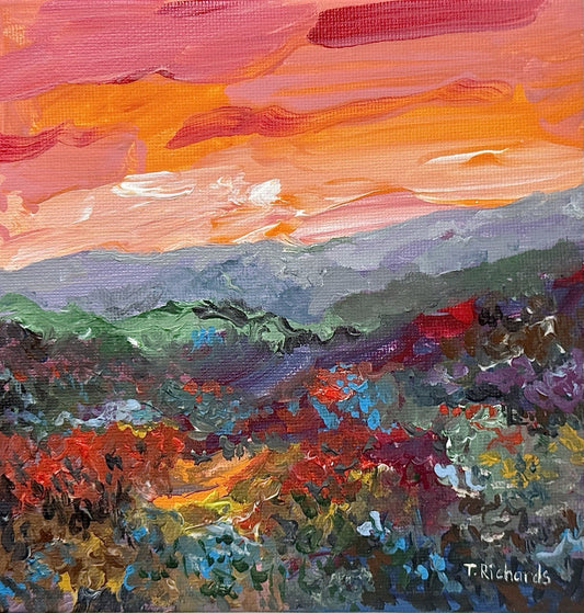 Acrylic painting ORIGINAL art Landscape sunset Mountain wildflower field 6x6