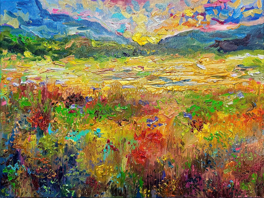 Oil painting ORIGINAL art Flower field landscape Meadow wildflower Mount 12x16"