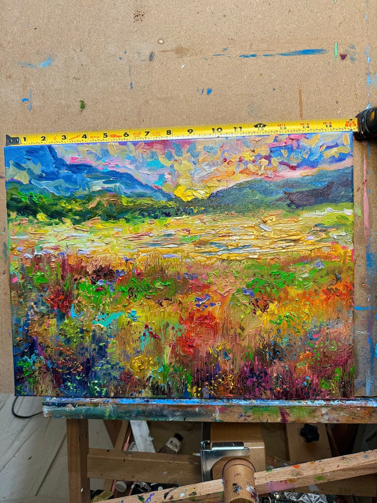 Oil painting ORIGINAL art Flower field landscape Meadow wildflower Mount 12x16"