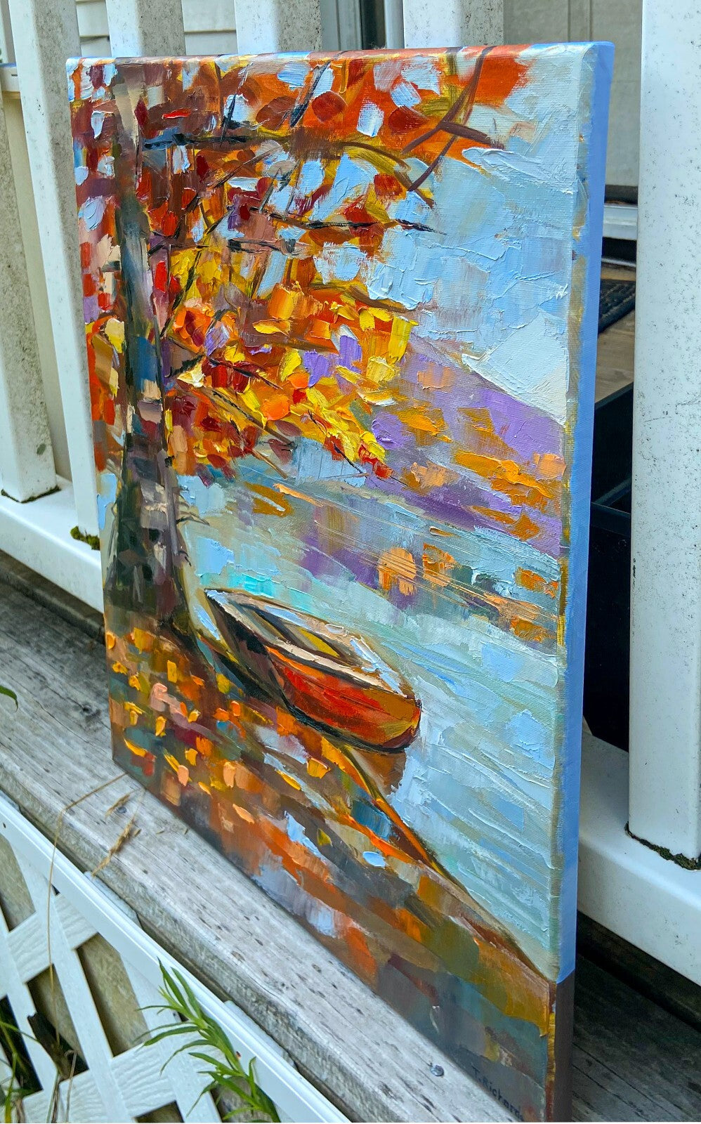 Lake boat oil painting canvas ORIGINAL art Landscape fall nature artwork 16x20"