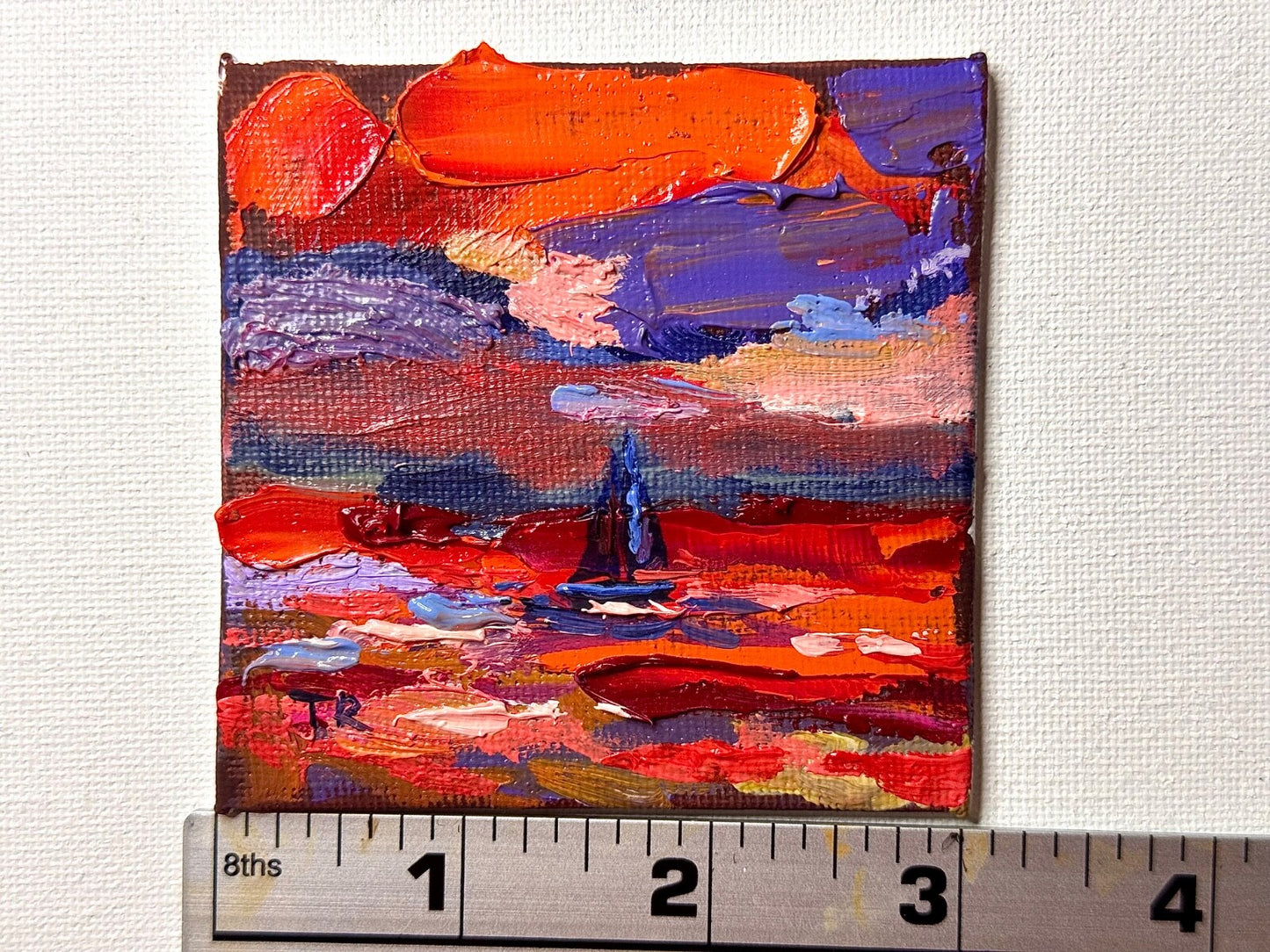 ORIGINAL oil painting Ocean sailboat River boat Sunset red seascape mini art 3x3