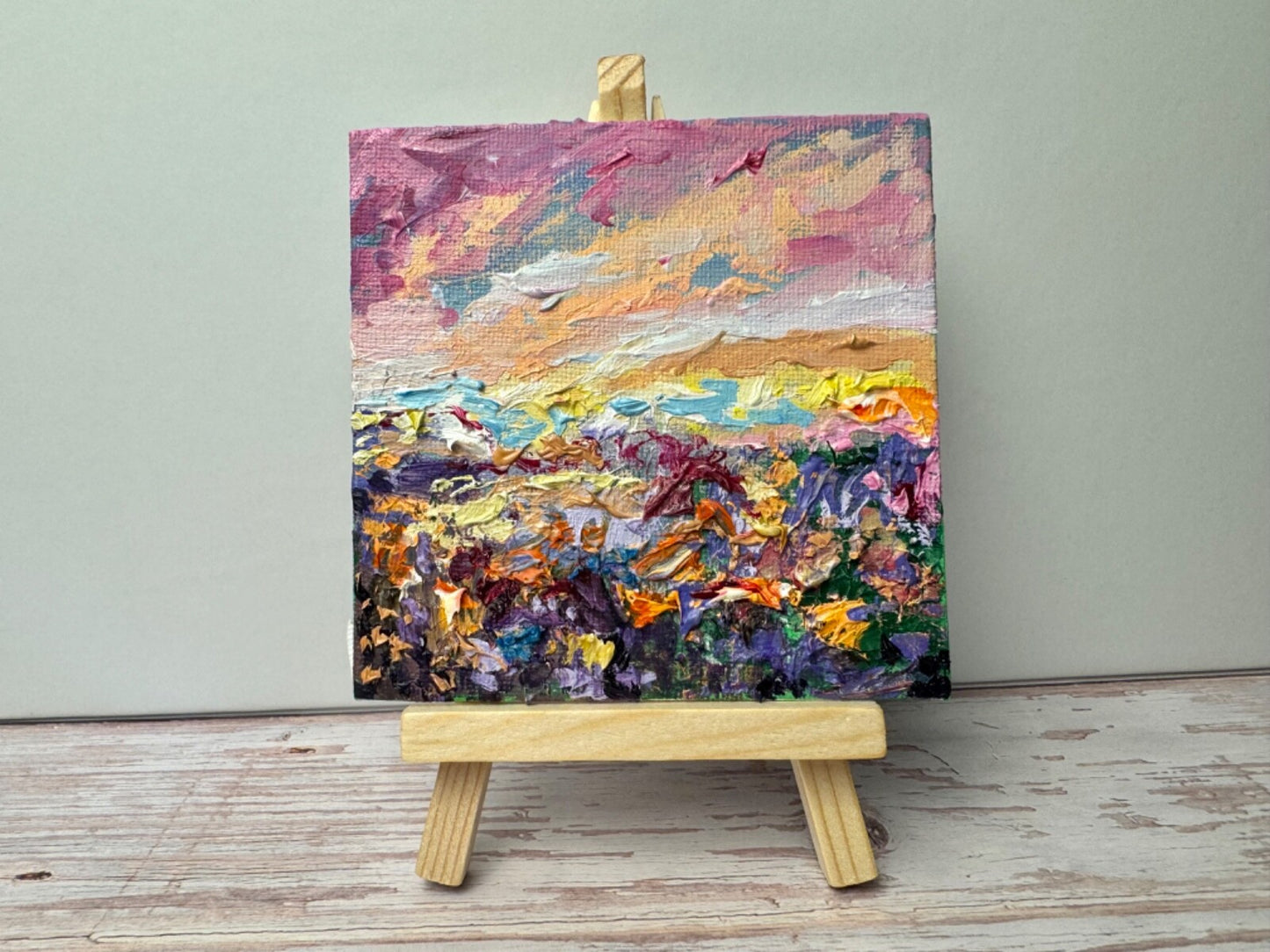 Oil Painting Wildflower landscape Original art Flower floral art Mini easel 4x4”