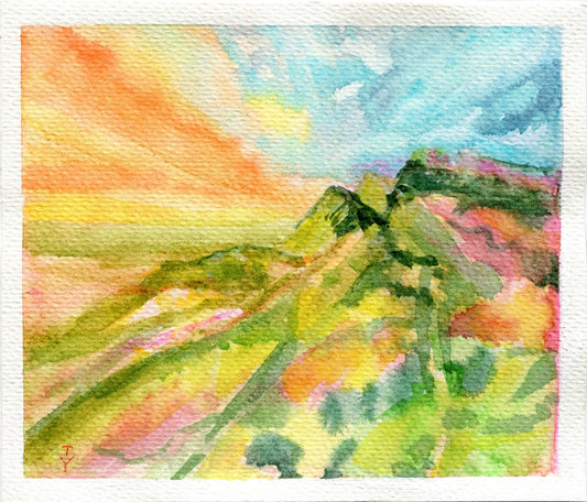 Watercolor painting ORIGINAL Art Landscape field sky mountain 6x7"