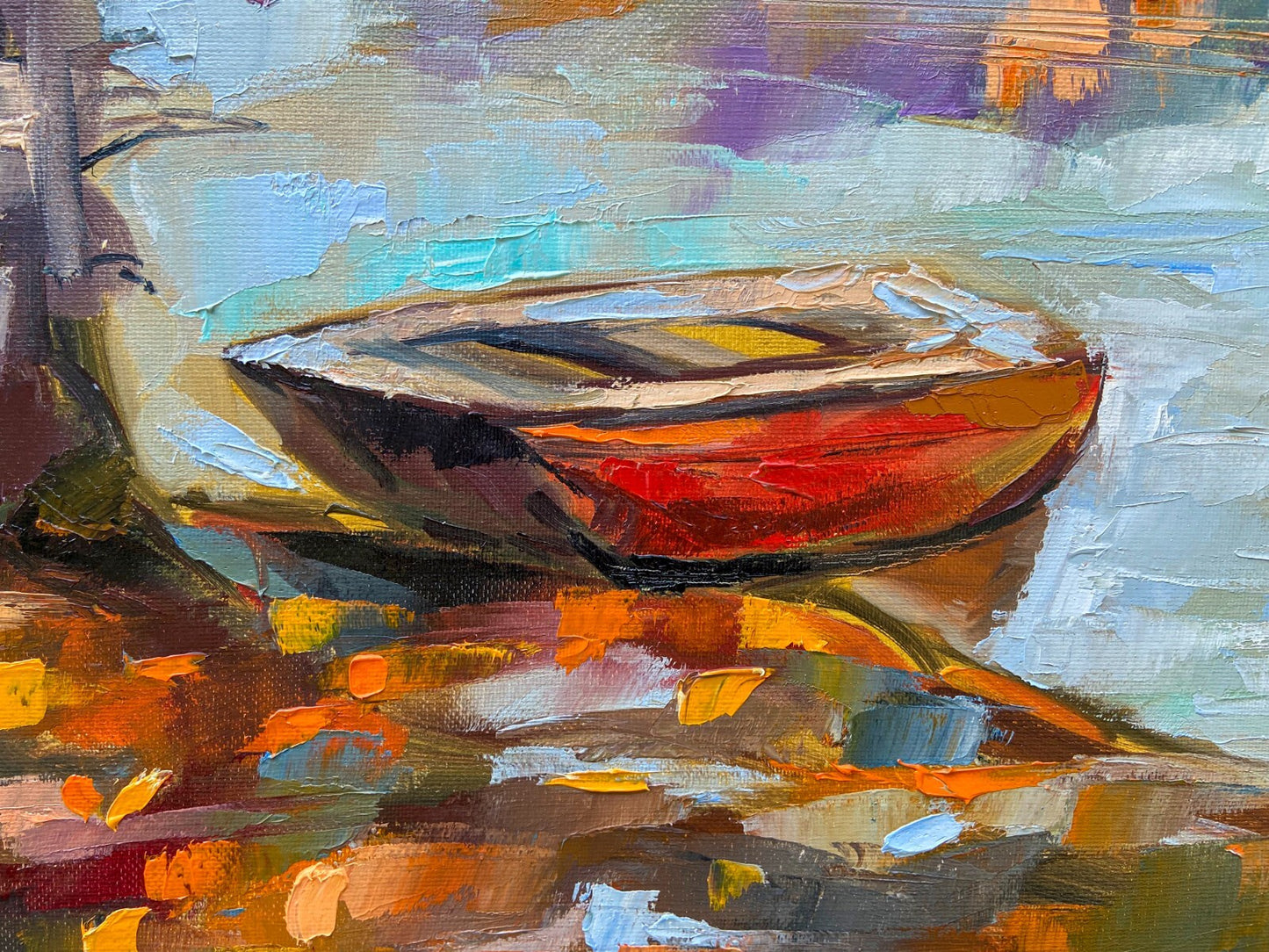 Lake boat oil painting canvas ORIGINAL art Landscape fall nature artwork 16x20"