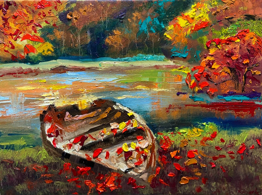 Oil painting ORIGINAL art Boat Fall landscape New England lake river 12x16"