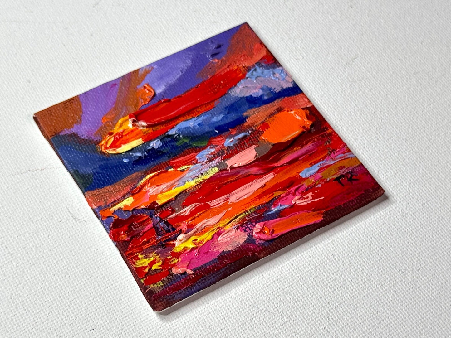 ORIGINAL oil painting Ocean sailboat River boat Sunset red seascape mini art 3x3