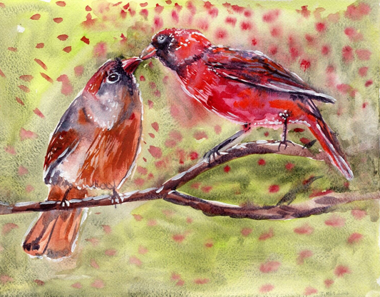 Watercolor painting ORIGINAL art Red Northern cardinal couple bird 11x14"