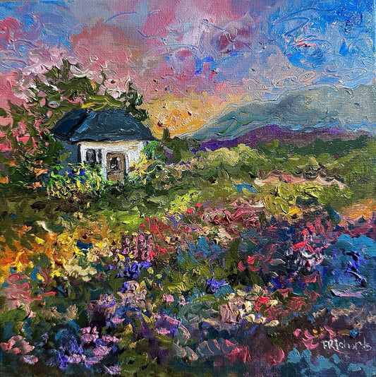 Farmhouse Oil painting ORIGINAL art Cottage House Flower Garden landscape 8x8