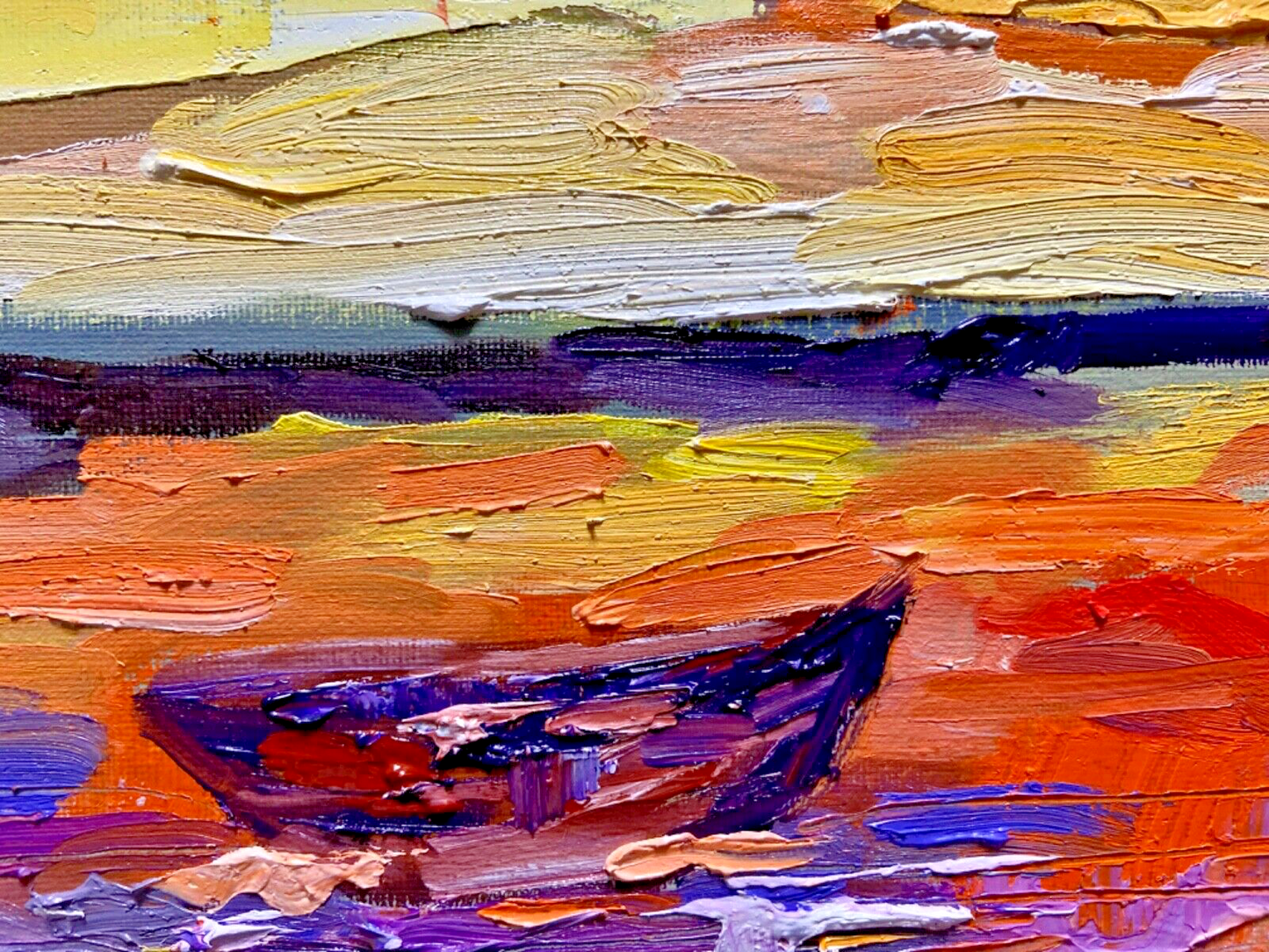 Oil painting on canvas ORIGINAL art Boat seascape ocean artwork Sunset 14x14"
