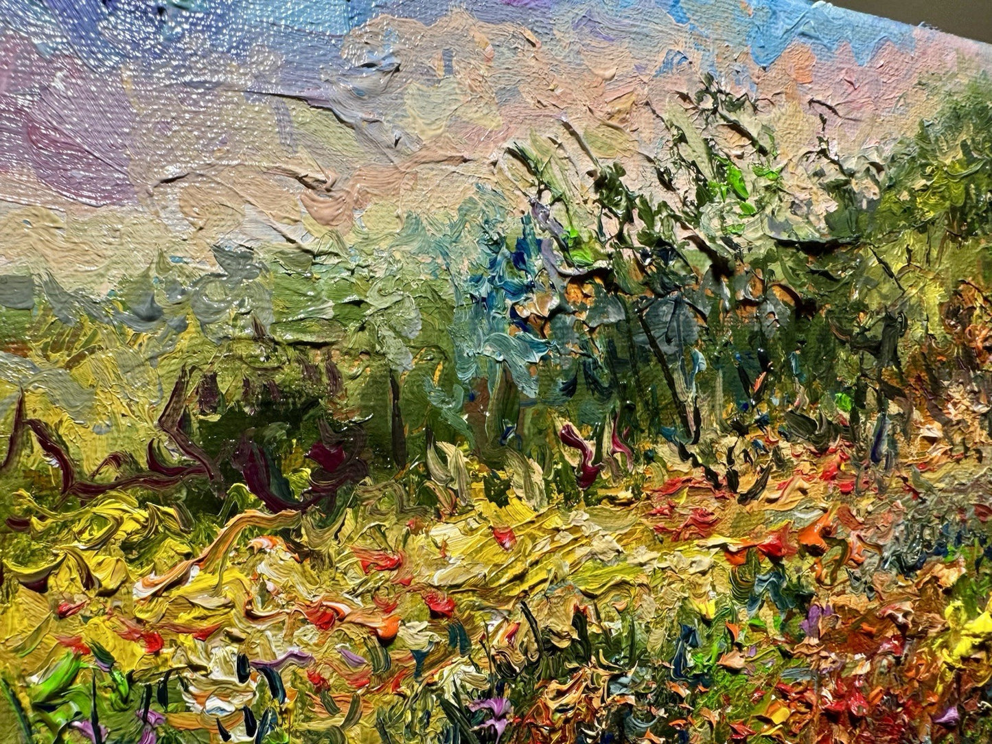 Oil painting ORIGINAL art field Windflower artwork Landscape flowers Forest 8x10