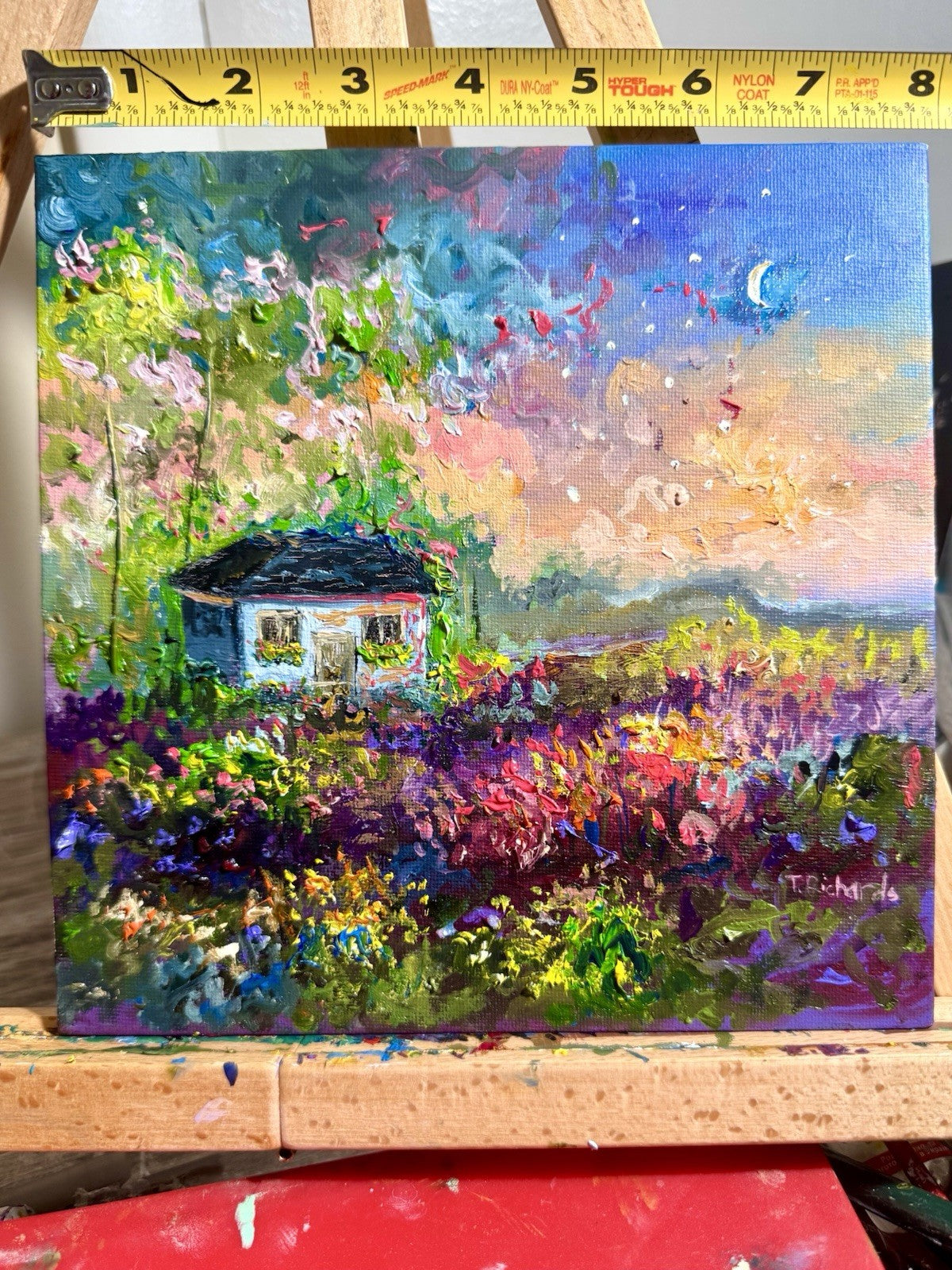 Farmhouse Oil painting ORIGINAL art Cottage House Flower Garden landscape 8x8