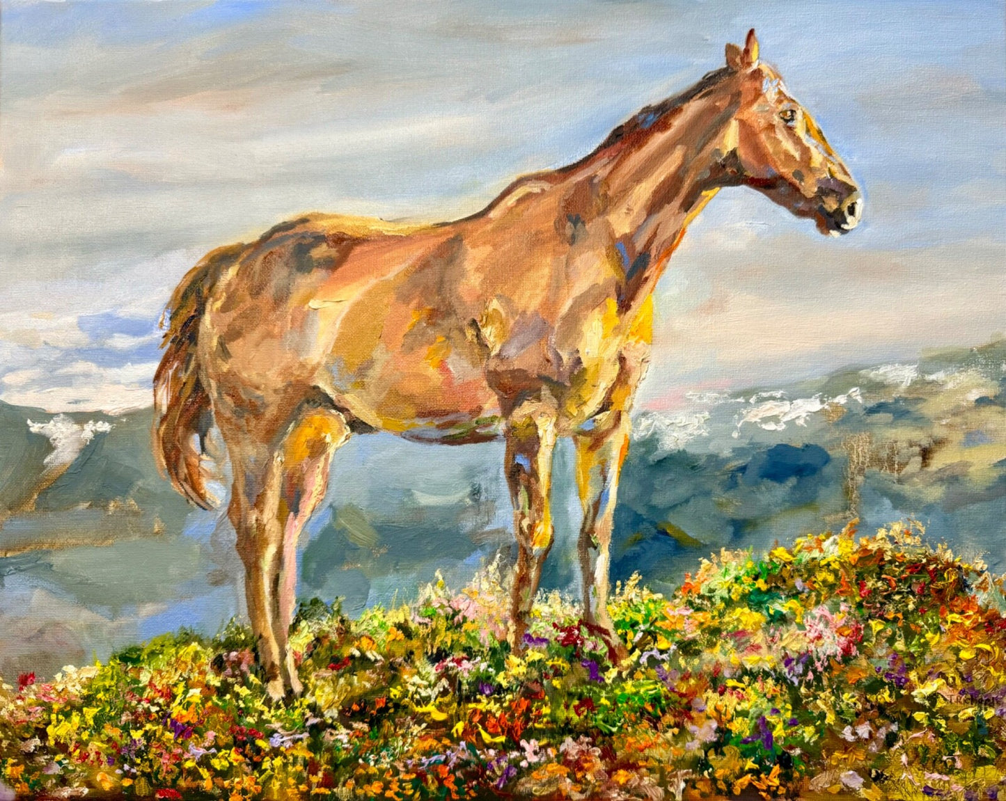 Oil painting ORIGINAL art Horse Wildflower field Mountain landscape Floral 16x20
