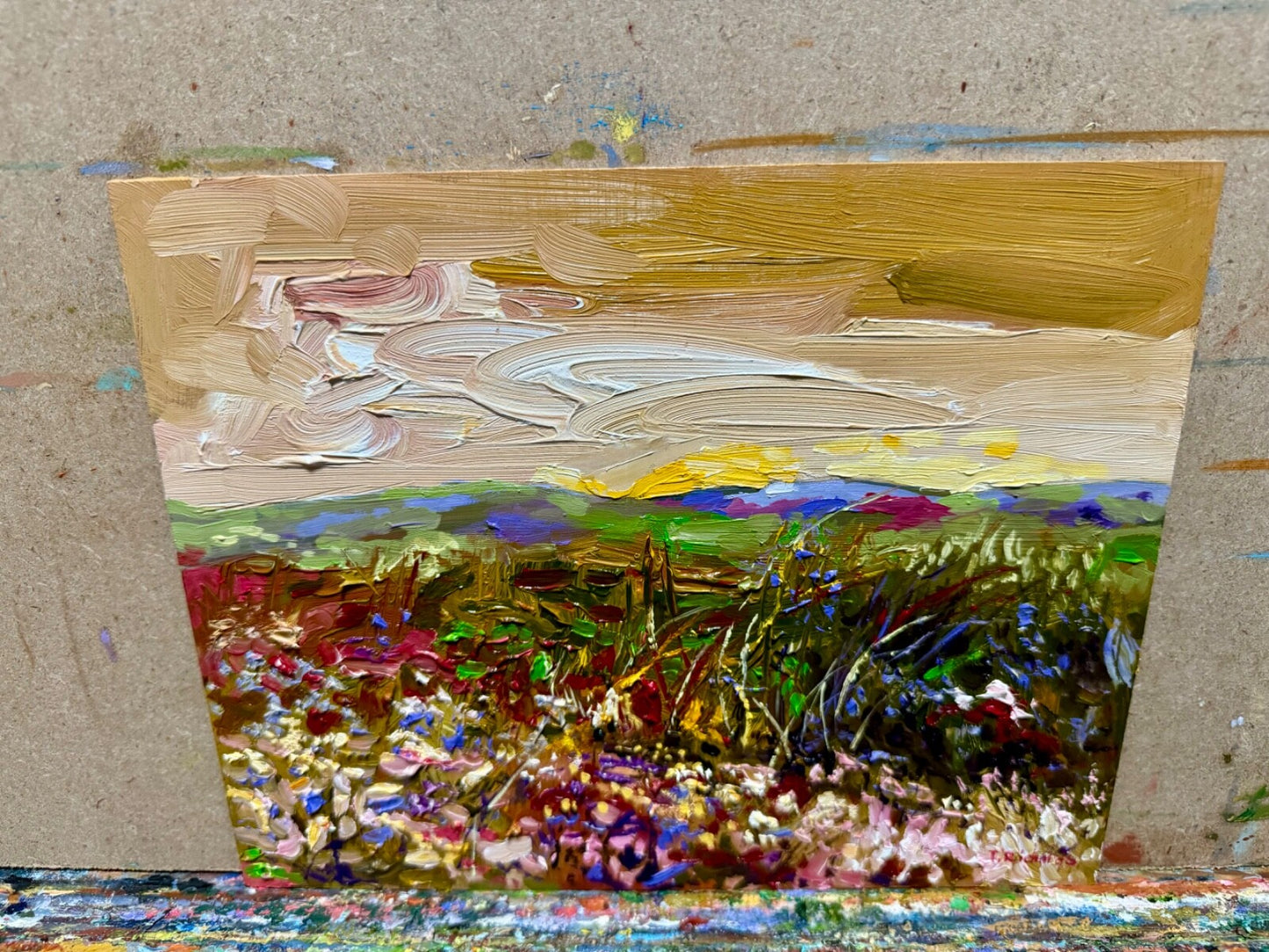 Oil painting panel ORIGINAL art Wildflower field artwork Landscape flower 8x10