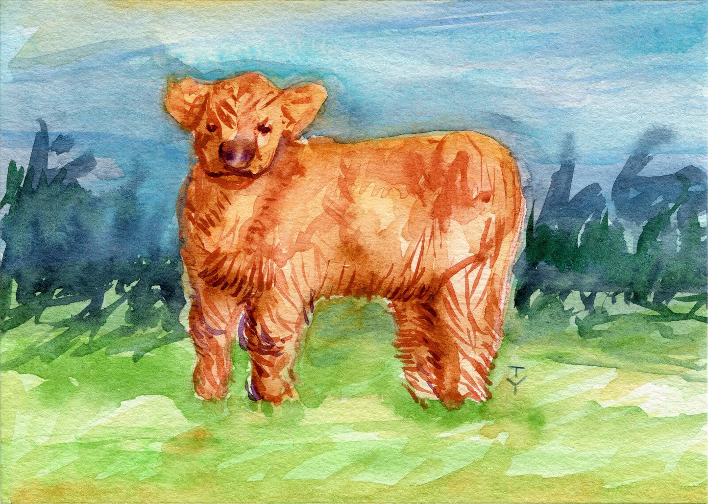 WATERCOLOR painting ORIGINAL art Cow calf pet Animal wall art 5x7"