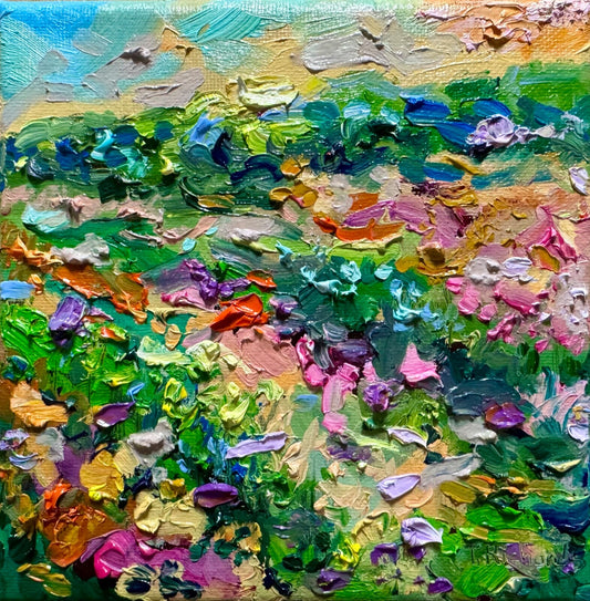 Wildflowers Oil painting ORIGINAL art Lupine floral field artwork Landscape 6x6"