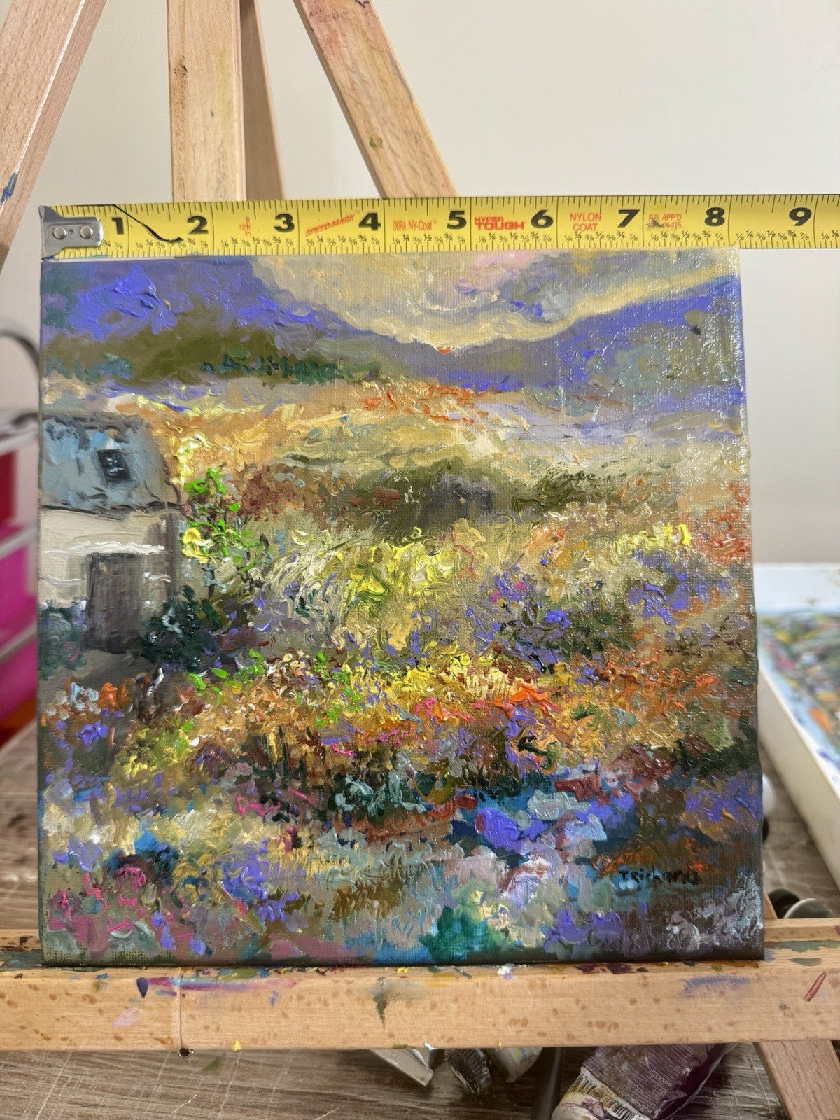 Meadow Flower Field Oil painting ORIGINAL art Mountain Landscape Farmhouse 8x8"
