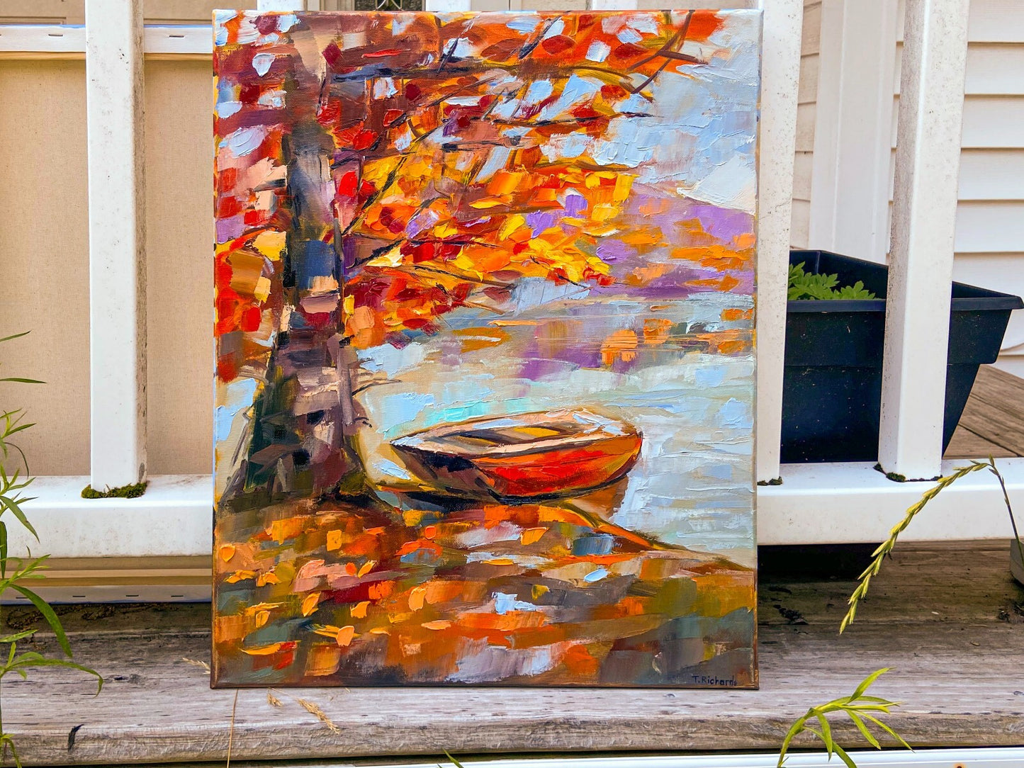 Lake boat oil painting canvas ORIGINAL art Landscape fall nature artwork 16x20"