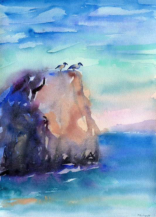 Watercolor painting ORIGINAL art Ocean cliff mountain landscape seascape 10x14"