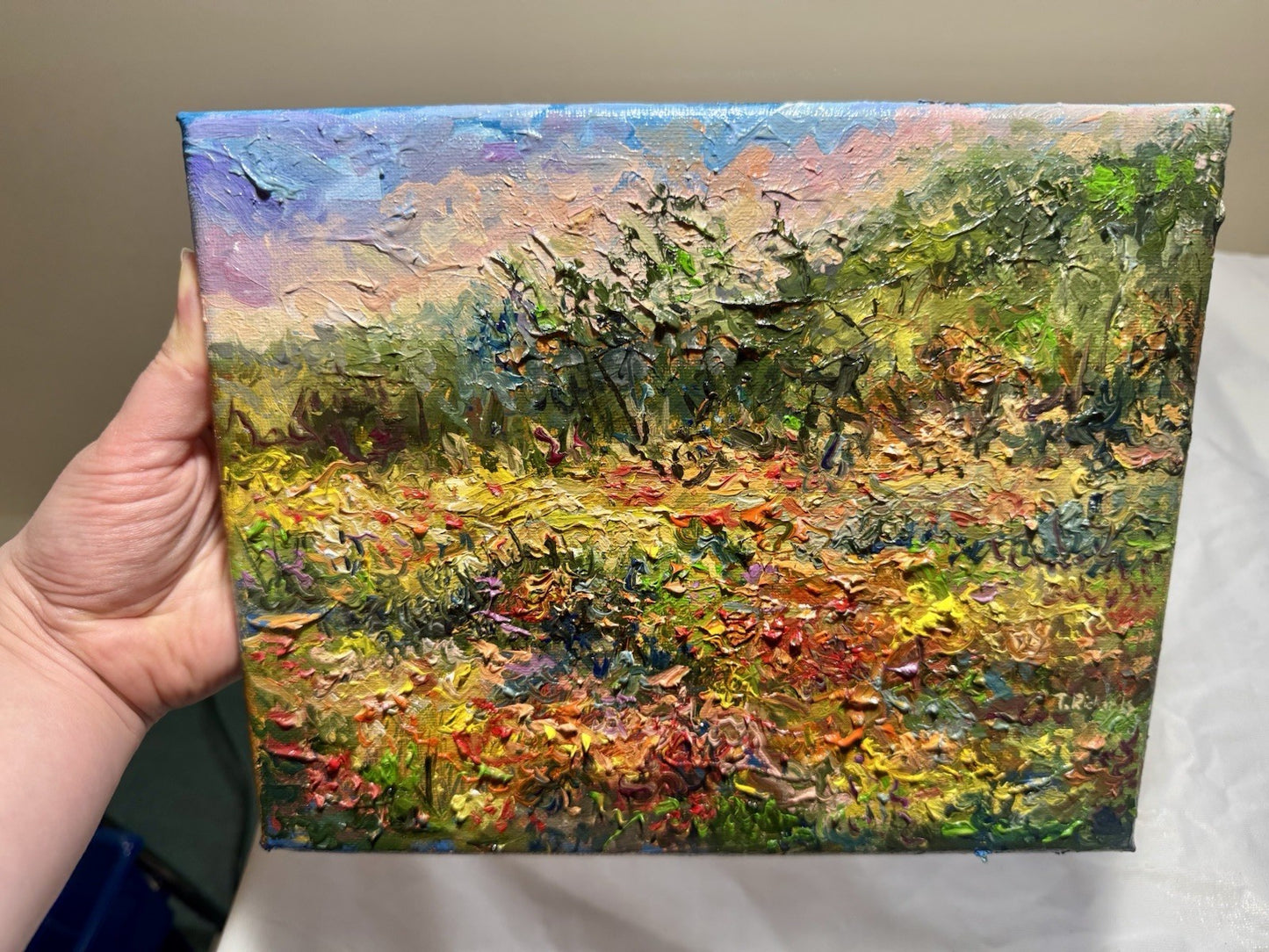 Oil painting ORIGINAL art field Windflower artwork Landscape flowers Forest 8x10