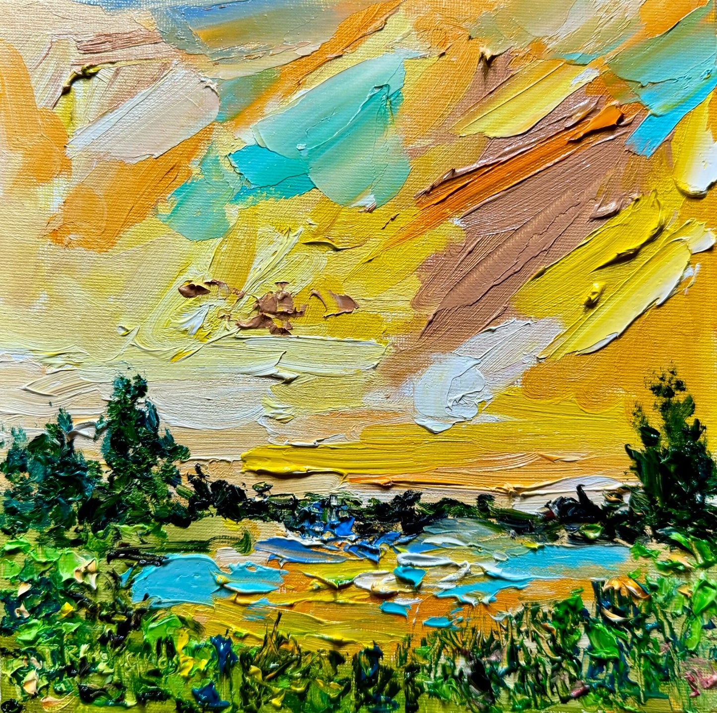 Lake Oil painting ORIGINAL art Seascape artwork small River landscape forest 8x8