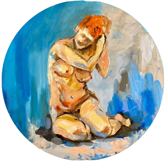 ORIGINAL oil painting Nude naked woman figurative round canvas artwork 12x12"