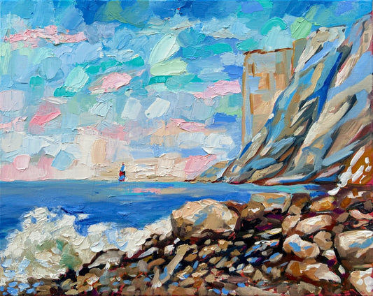 Oil painting ORIGINAL art Lighthouse Seascape ocean wave beach mountain 16x20"