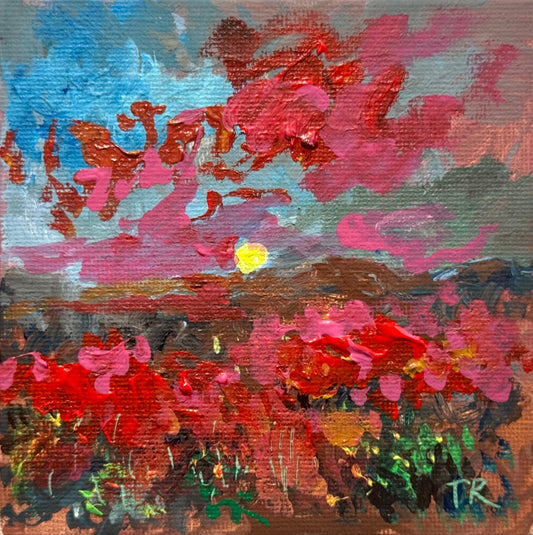 Wildflower field Original art Landscape red flowers sunset Acrylic Painting 4x4”