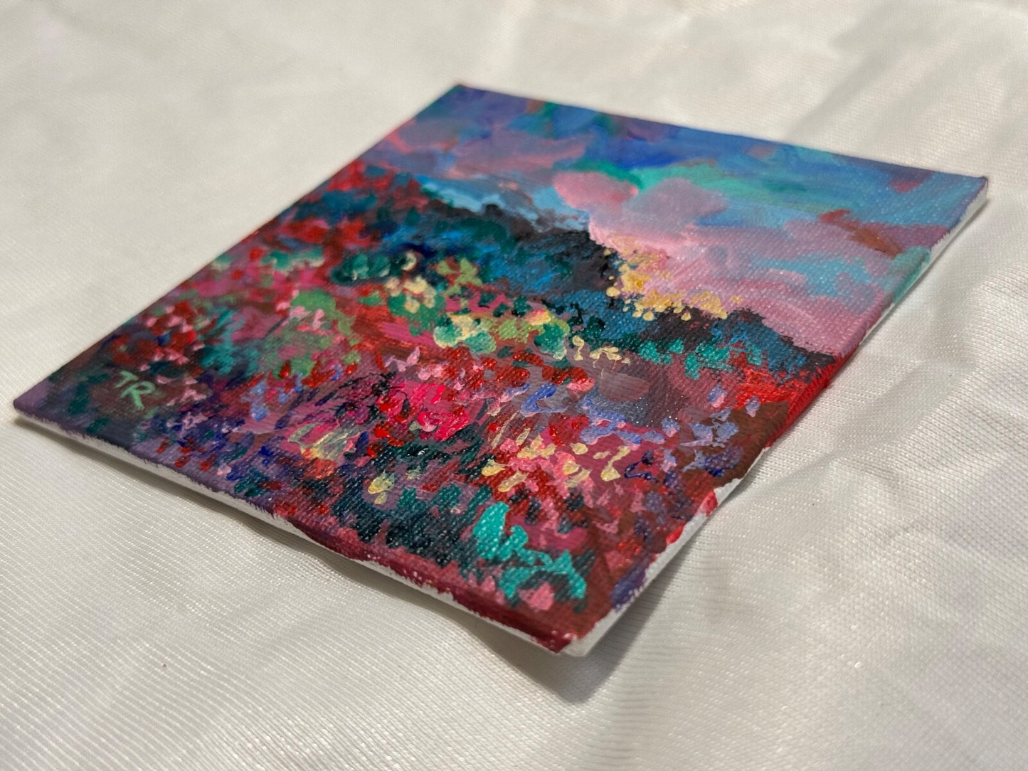 Wildflower field Original art Landscape red flower floral Acrylic Painting 4x4”