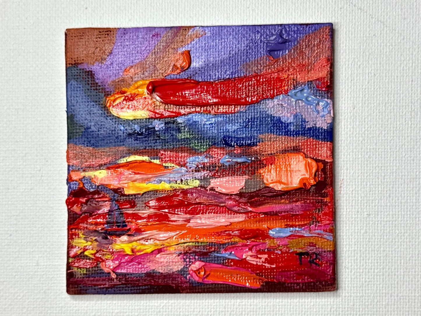 ORIGINAL oil painting Ocean sailboat River boat Sunset red seascape mini art 3x3