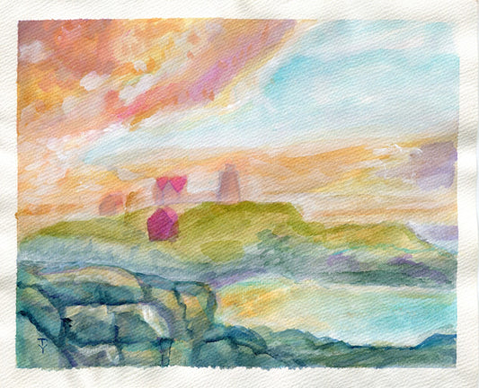 ORIGINAL art watercolor painting landscape ocean seascape Countryside 9x11”