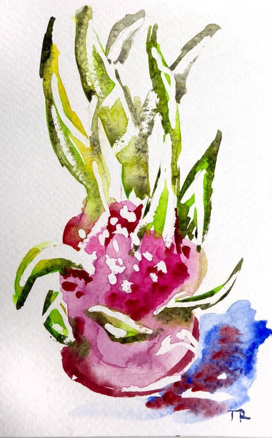 WATERCOLOR painting Dragon fruit ORIGINAL art Pitaya small artwork Food 4x6"