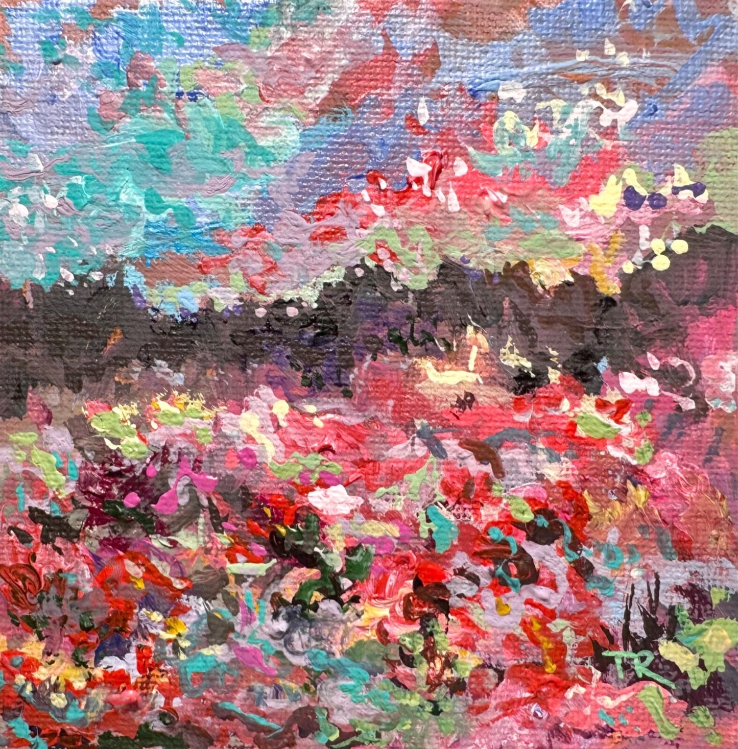 Wildflower field Original art Landscape red flower floral Acrylic Painting 4x4”