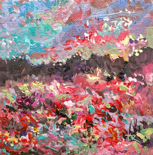 Wildflower field Original art Landscape red flower floral Acrylic Painting 4x4”