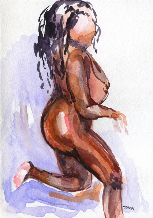 Painting WATERCOLOR ORIGINAL Art Black Woman African Nude Naked Artwork 5x7"