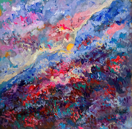 Acrylic painting ORIGINAL art Landscape Sunrise wildflower field Mountain 8x8”