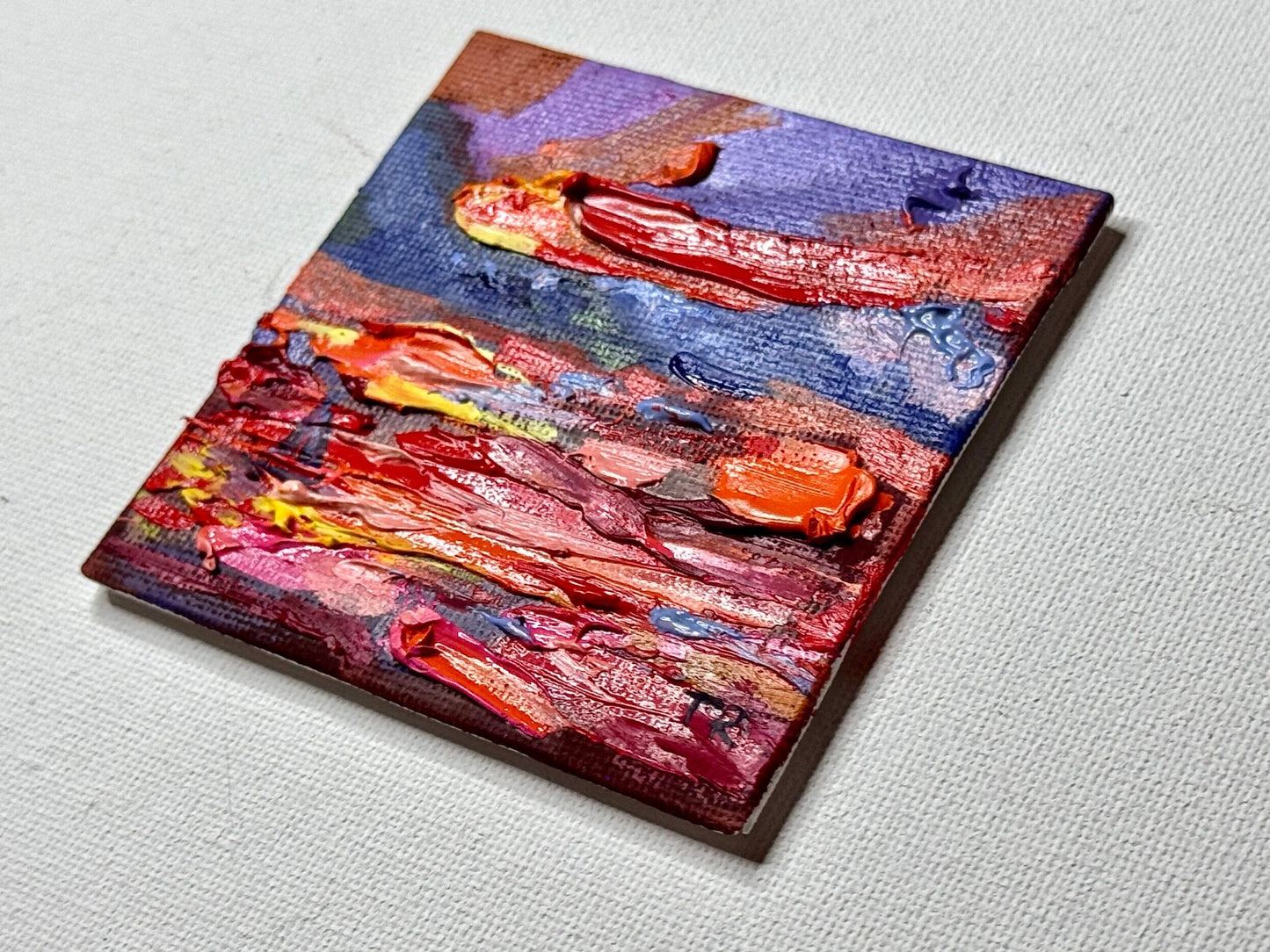ORIGINAL oil painting Ocean sailboat River boat Sunset red seascape mini art 3x3