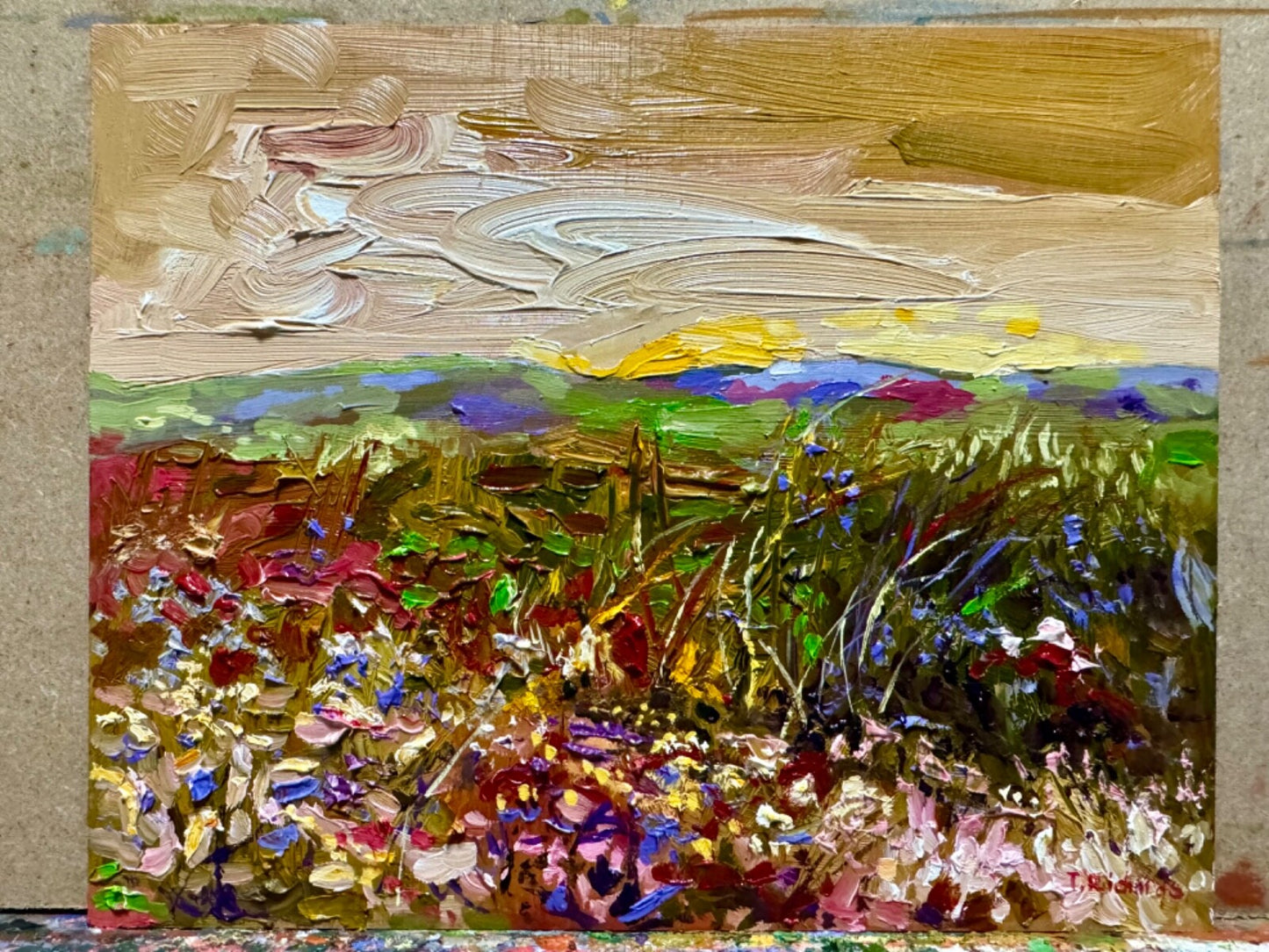 Oil painting panel ORIGINAL art Wildflower field artwork Landscape flower 8x10