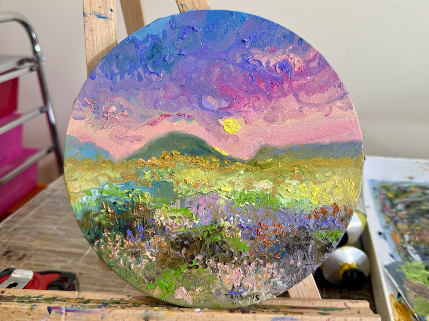 ORIGINAL art oil painting Floral meadow Flower field Mountain Sunset Round 8x8"