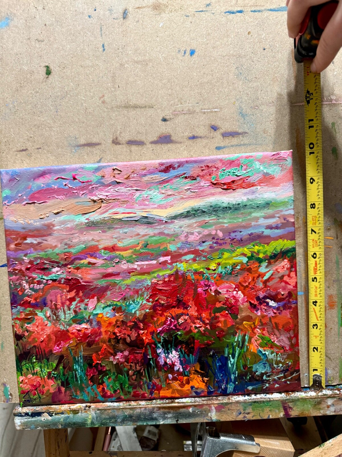 Field painting ORIGINAL art Landscape red sunset Floral wildflower 10x12"