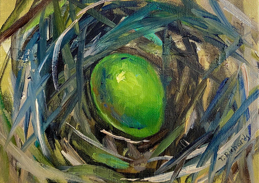 Green egg oil painting on canvas panel ORIGINAL art Easter egg artwork 5x7"