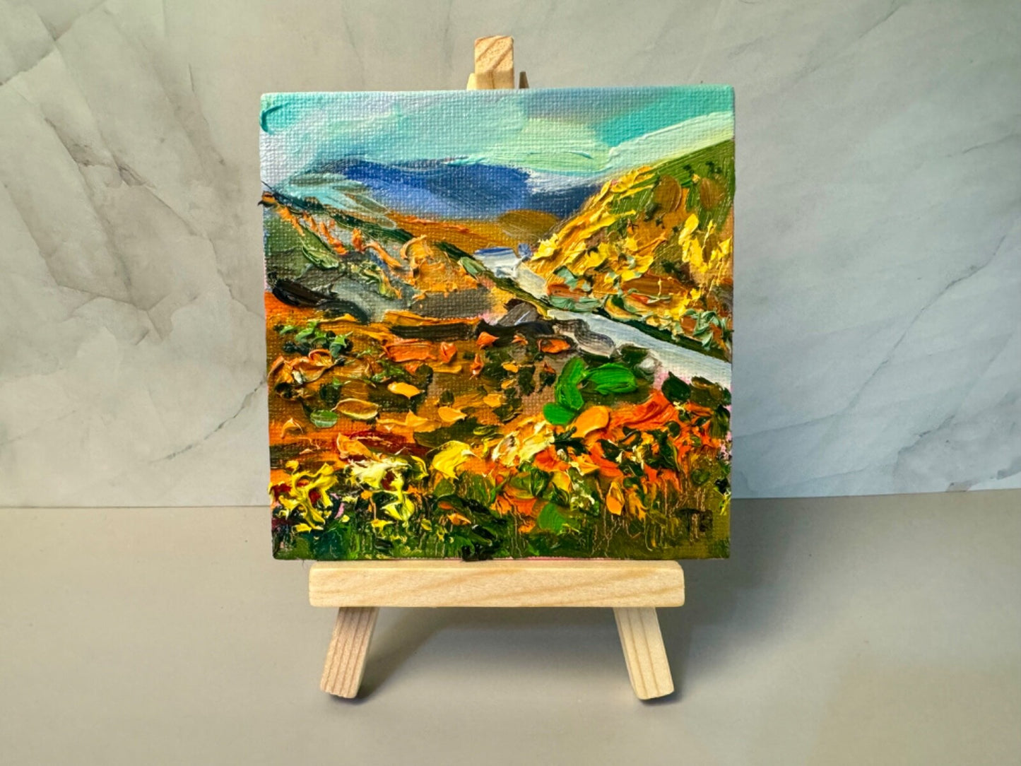Oil Painting Franconia Notch Mountain landscape Original art Mini easel 4x4