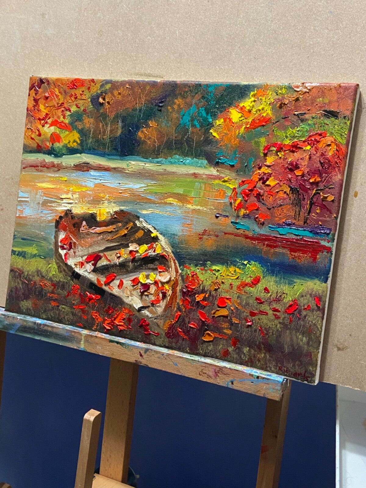 Oil painting ORIGINAL art Boat Fall landscape New England lake river 12x16"