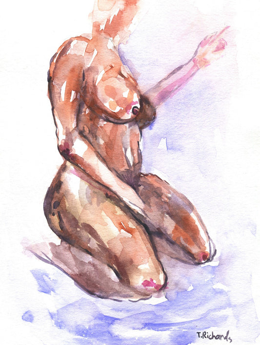 Painting WATERCOLOR ORIGINAL Art Black Woman African Naked Nude Artwork 6x8"