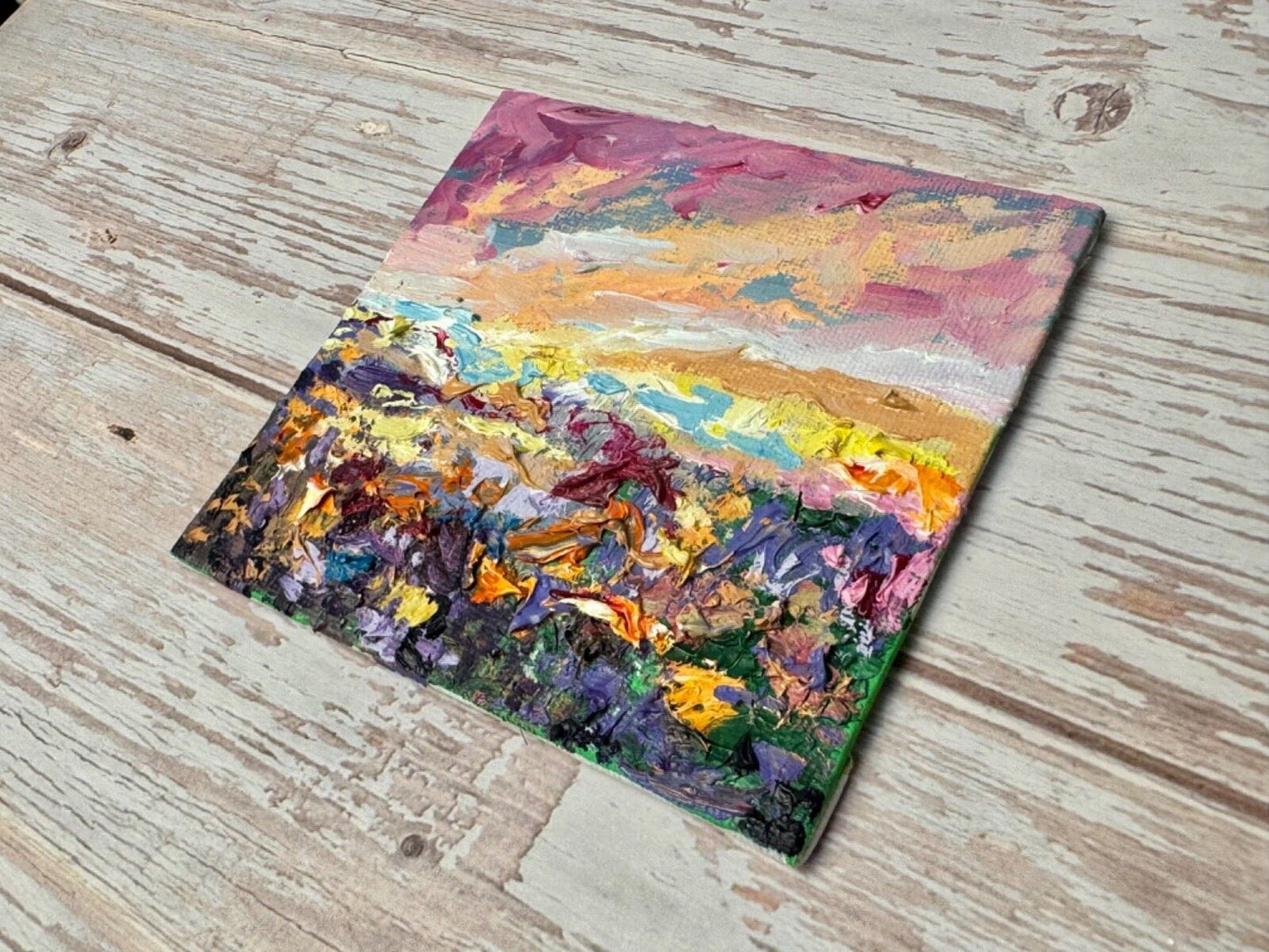 Oil Painting Wildflower landscape Original art Flower floral art Mini easel 4x4”
