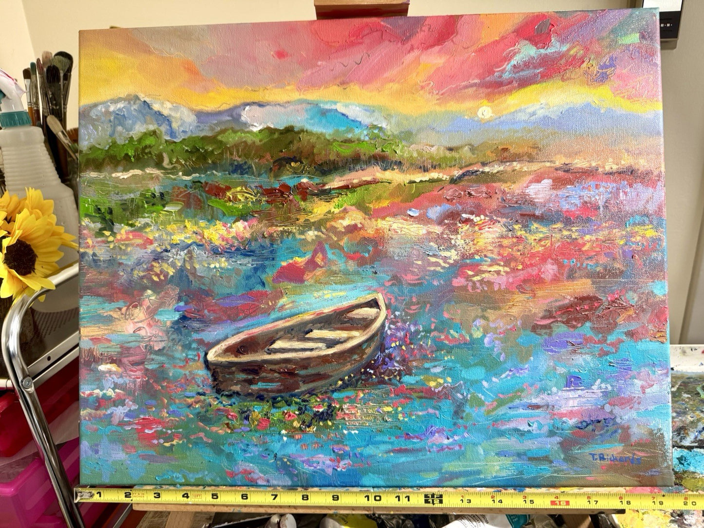 Boat oil painting ORIGINAL art Landscape Lake River Ocean Seascape Sunset 16x20