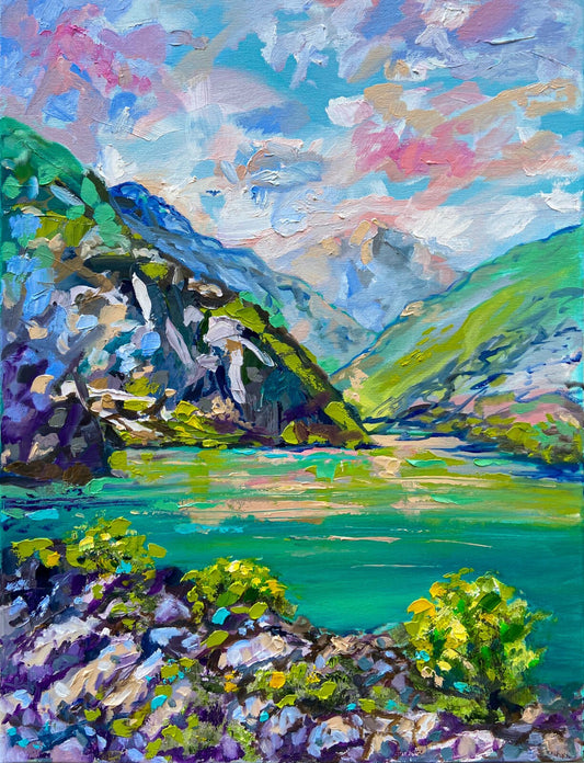 Original art oil painting Landscape mountain artwork Lake wall art 18x24"