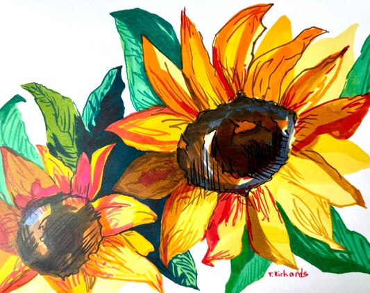 Sunflowers painting ORIGINAL art Flower floral Markers on thin paper signed 8x10