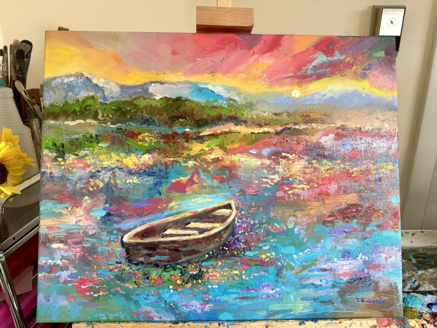 Boat oil painting ORIGINAL art Landscape Lake River Ocean Seascape Sunset 16x20