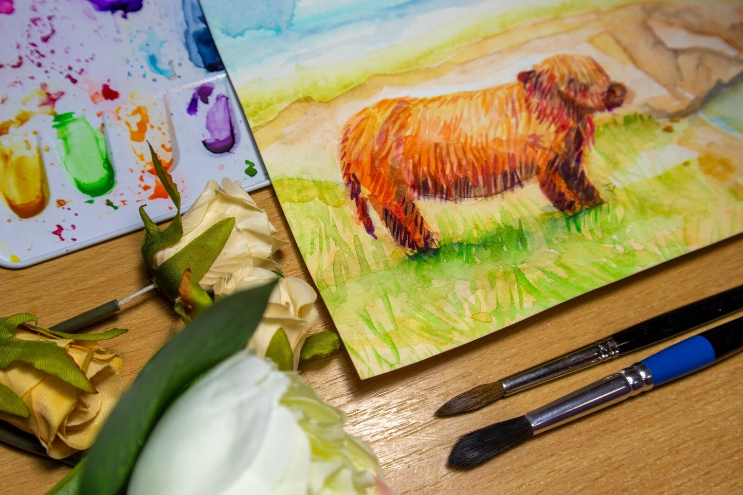 Watercolor painting ORIGINAL art Highland cow landscape 6x9"